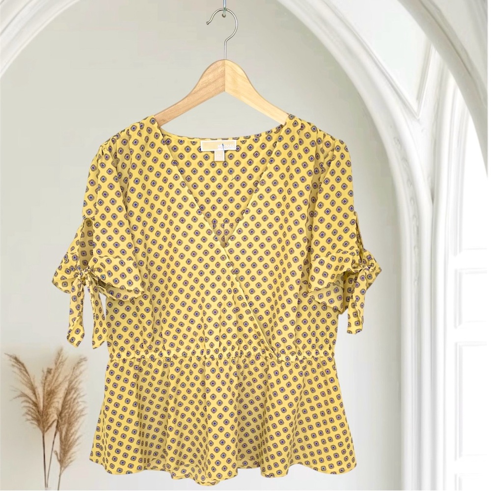 MICHAEL KORS Georgette Peplum Blouse Tie Sleeve V-Neck Elastic Waist
